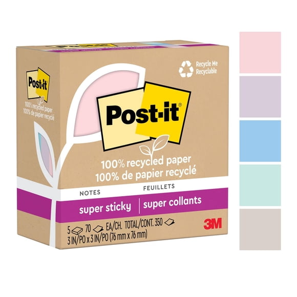 Post-it® 100% Recycled Paper Super Sticky Notes 654R-5SSNRP, Wanderlust Pastels Collection, 3 in x 3 in, 5 Pads/Pack, 70 Sheets/Pad