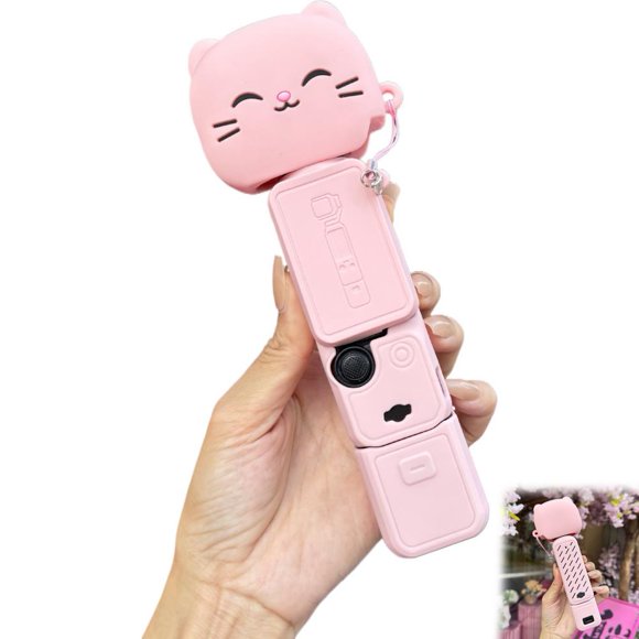 Cute Cat Silicone Case for Osmo Pocket 4 with Matching Anti-Lost Lanyard, Shockproof Protective Cover for Pocket Camera, Travel Camera Protector for Vlog Shooting