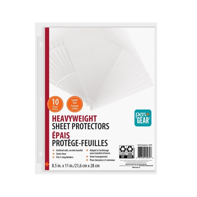 PEN+GEAR Poids Lourd SHEET PROTECTORS, 10 Unités, Protecteurs Transparents Semi-Transparents en Polypropylène pour documents Format Lettre 8,5 x 11 Pouces, avec Bord Perforé à 3 Trous pour Classeurs standard, Sécuritaire pour l'Archivage Sans Transfert d'Encre, durable et Résistant aux Déchirures, Convient Aussi à la Protection de photos et de Papiers à Encre Forte.