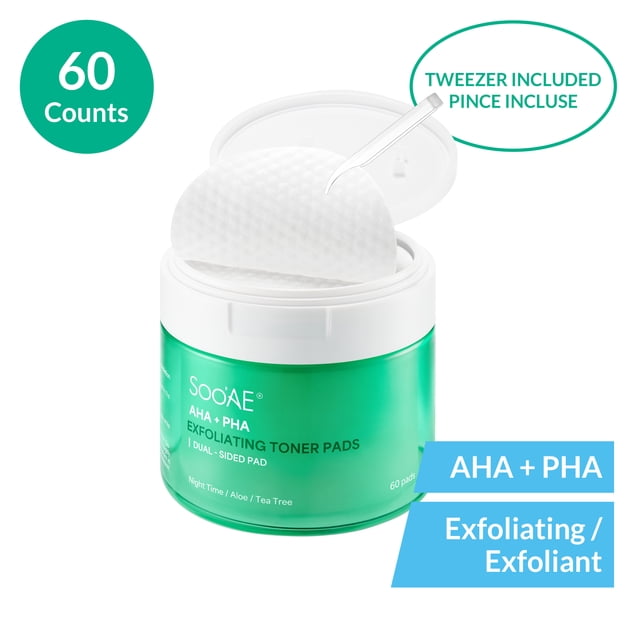 Soo'AE Tampons de toner Exfoliants AHA + PHA dans un Pot Vert avec Couvercle Blanc à Rabat Ouvert, Montrant des Tampons Blancs Texturés Double face et une Pince Claire Soulevant un Tampon, Formulé pour une exfoliation Douce du Visage avec AHA et PHA, Incluant 60 Tampons, Idéal pour les routines de Soins de la Peau avec aloe et Arbre à Thé, et Comprenant une Pince pour un Usage Hygiénique.