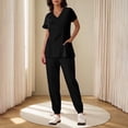 thumbnail image 2 of Yanlir Ensemble Deux Pièces pour Femmes, Blouse à Manches Courtes Boutonnée, Couleur Unie, Col en V et Pantalon à Bas Resserré, Mode (Noir, TG), 2 of 6