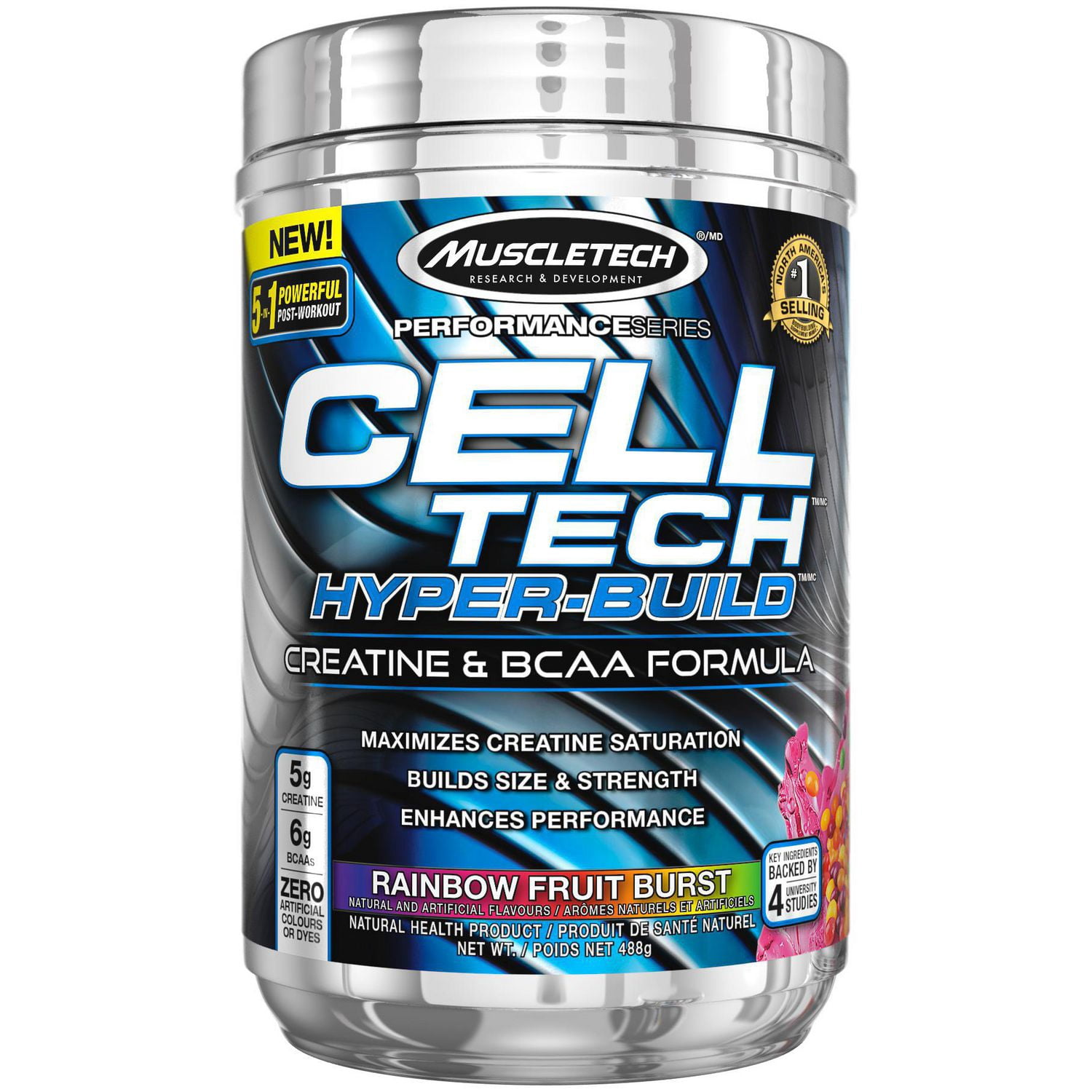 MuscleTech Cell Tech Hyper-Build, Creatine Powder, Rainbow Fruit Burst, 488g
