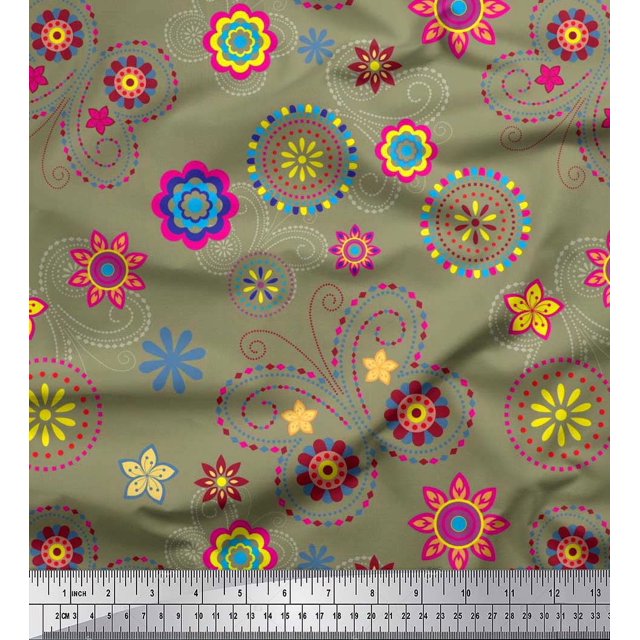 Soimoi Green Moss Georgette Fabric Insect & Floral Clip Art Print Fabric by Yard 42 Inch Wide