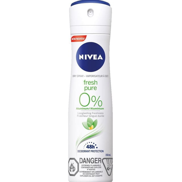 NIVEA Fresh Pure Dry Spray 0% Aluminum deodorant in a white 150ml bottle with blue cap, featuring green text emphasizing aluminum-free formula and 48-hour deodorant protection, with flammable warning icons on the label.