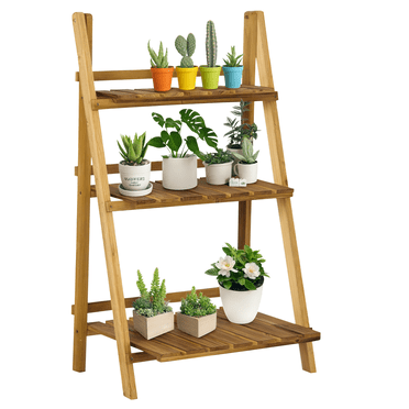 Outsunny Support pour Plantes d'Extérieur, Étagère à Fleurs Pliable à 3 Niveaux en Bois pour Jardin Intérieur Extérieur, 24 Pouces x 14 Pouces x 37 Pouces