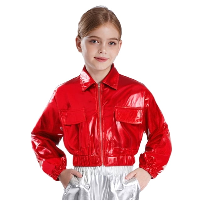 Jowowha Vestes de Jazz pour Filles Manteau Métallique Brillant à Manches Longues Col Rabattable avec Poches à Rabat Décontracté Hanches Rouge 10