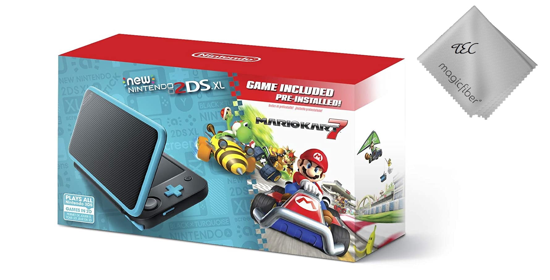 Restored New Nintendo 2DS XL - Black + Turquoise With Mario Kart 7