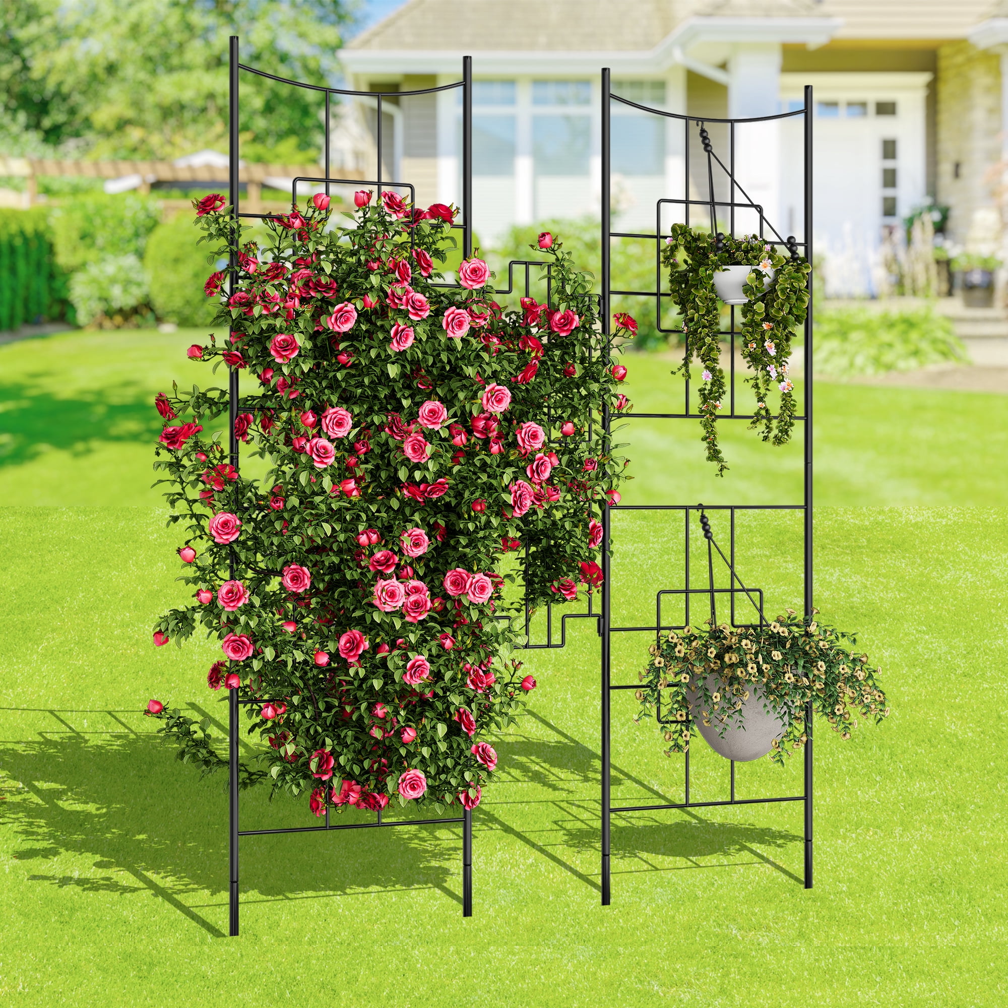 Kojooin 5.5 ft Black Metal Garden Trellis, Rust-Resistant Arch Trellis for Climbing Roses, Vines, Vegetables and Flowers