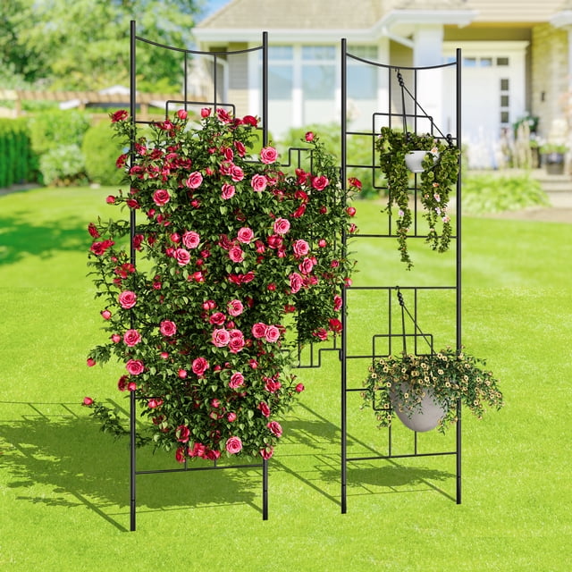 Kojooin 5.5 ft Black Metal Garden Trellis, Rust-Resistant Arch Trellis for Climbing Roses, Vines, Vegetables and Flowers