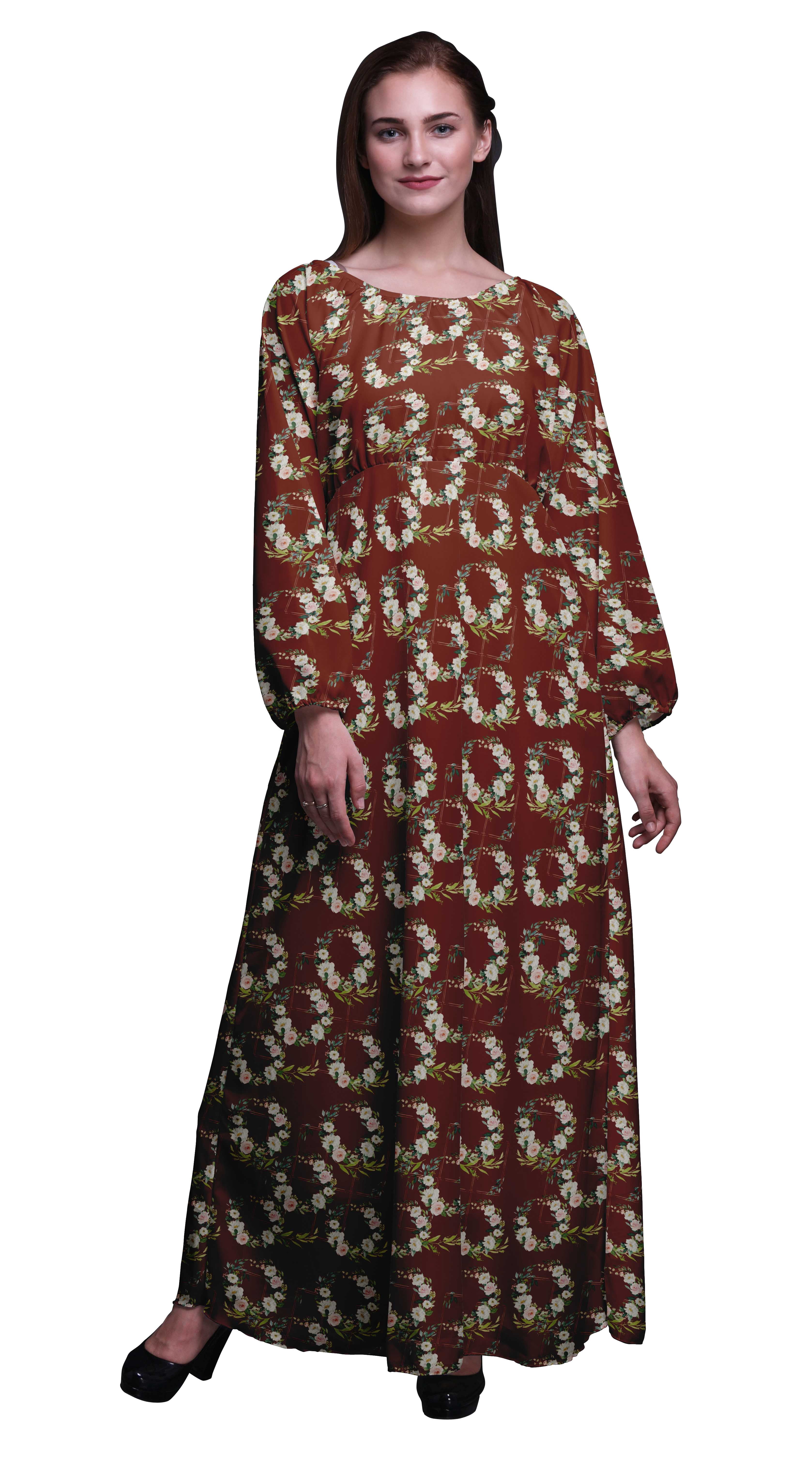 Bimba Robe Maxi d'Été Décontractée pour Femmes en Georgette Mousse à Imprimé Géométrique et Couronne de Roses, Imprimé Floral, Taille Élastique Longue - Xxx-Grand