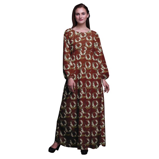 Bimba Robe Maxi en Georgette Mousse à Imprimé Géométrique et Couronne de Roses à Fleurs pour Femmes à Manches Longues avec Taille Élastique - Petit