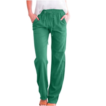 Timegard Womens Cotton Linen Pants Elastic Waisted Drawstring Straight Leg Solid Color Casual Pants