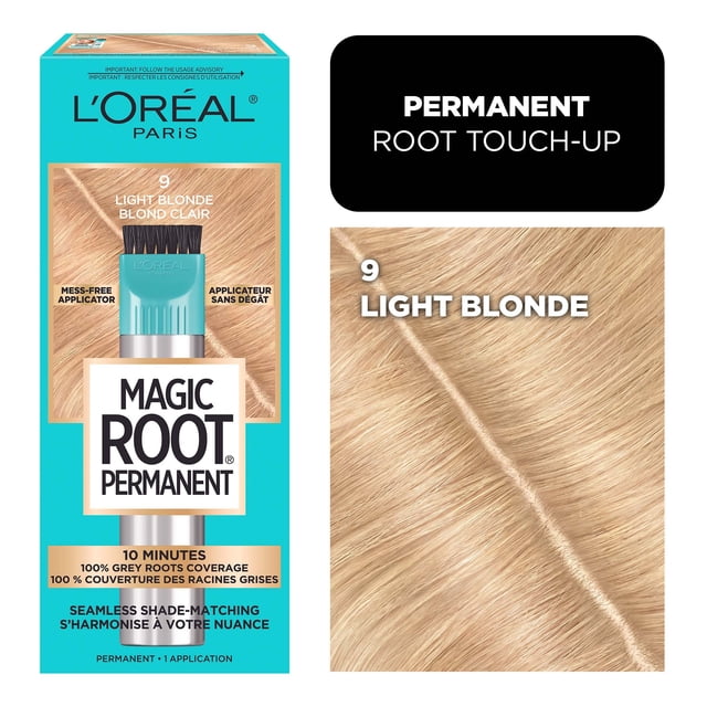 L'Oréal Paris Magic Root Permanent Hair Dye in Light Blonde (shade 9) with a mess-free precision applicator brush for permanent root touch-up, offering 10 minutes 100% grey root coverage and seamless shade matching.