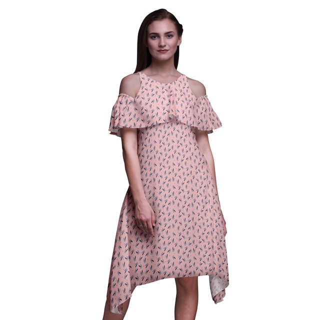 Bimba Pink Leaves Printed Womens Cold Shoulder Tunic Party Round Neck Shift Dress - Small