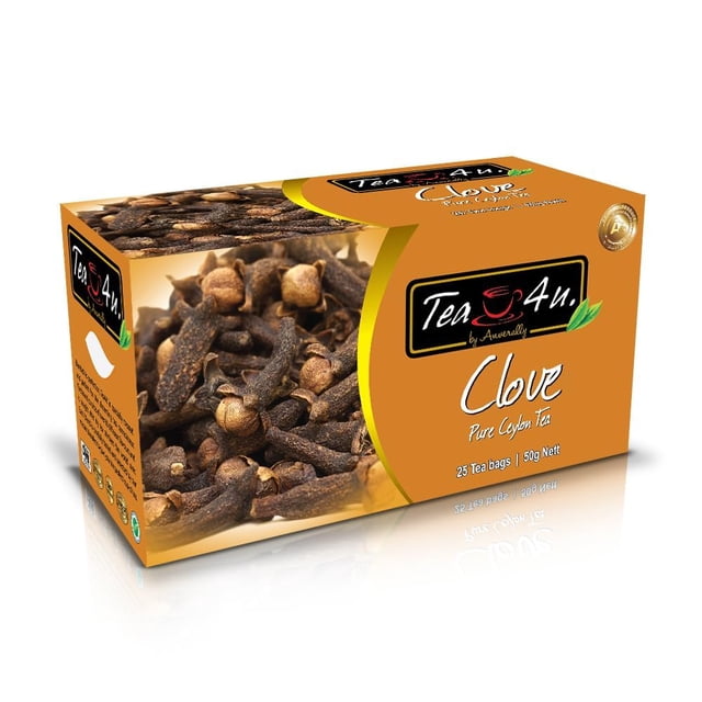 Tea4U Thé Noir au Clou de Girofle, Thé de Ceylan, Boîte de 25 Sachets de Thé. l'Emballage Présente un Motif d'Orange Vif avec le logo Tea4U et une image de Clous de Girofle Entiers, Mettant en Valeur la Saveur de Clou de Girofle. la Boîte Met en Valeur le Contenu de 25 Sachets de Thé Scellés Individuellement, Assurant la Fraîcheur et l'Arôme. Idéal pour une Expérience de Thé Riche et Aromatique, Provenant du Sri Lanka.