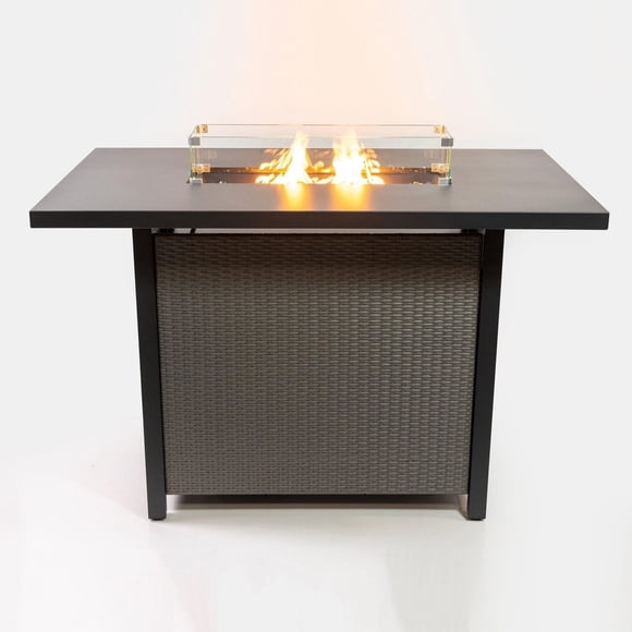Deko Living 55 Inch Rectangular Outdoor Propane Gas Fire Pit Barstool Table 40,000 BTU with Glass Bead Filler