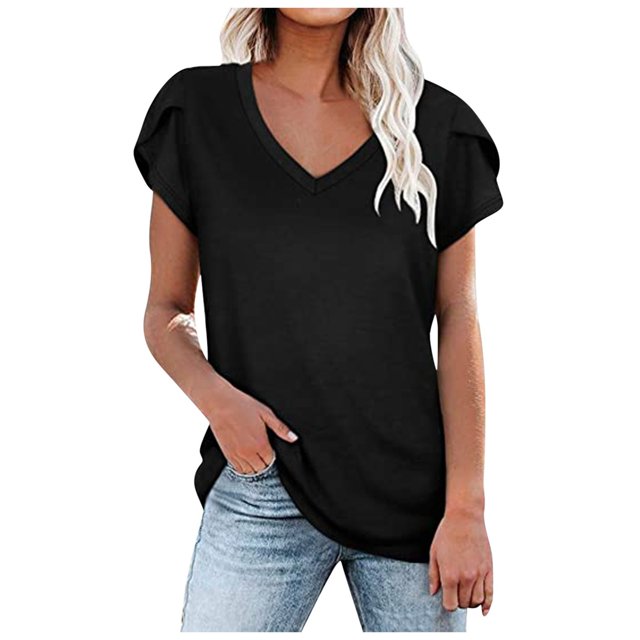 Pompotops Women's V- Neck Solid Color Three Quarter Sleeve Lapel Tops
