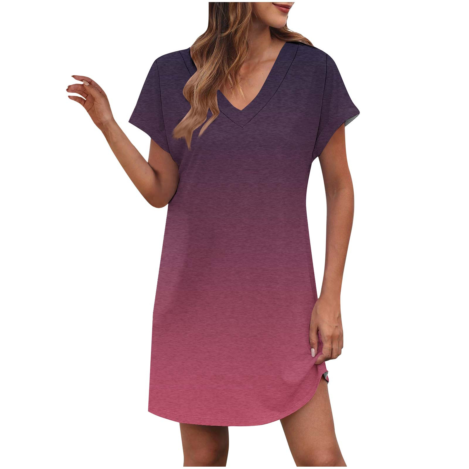 LOVZFMLL Robes d'Été pour Femmes Décontractées Amples T-Shirt Robe Droite Col en V Manches Courtes à Revers Uni Basique Tenues Quotidiennes Rose Vif TTG