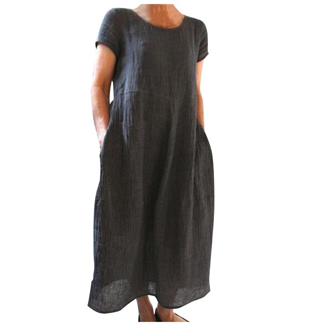 2025 Robes d'Été Confortables et Amples pour Femme, Couleur Unie, Manches Courtes, Robe Midi pour Femme, Robe Longue