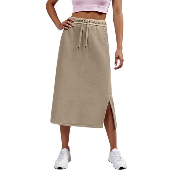 Huaizzzy Women's High Waist Solid Color Casual Drawstring Side Slit Skater Skirt with Pockets Stretchy Comfortable A Line Mini Skirt Pencil Skirts for Women Knee Length Crib Skirt Girl Skirts for