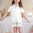 thumbnail image 3 of BLVB Girls Pajamas Satin Pajama Set Silk Pjs Short Sleeve Button down Shirts Summer Ruffle Sleepwear for Big Kids 5-15Y, 3 of 6