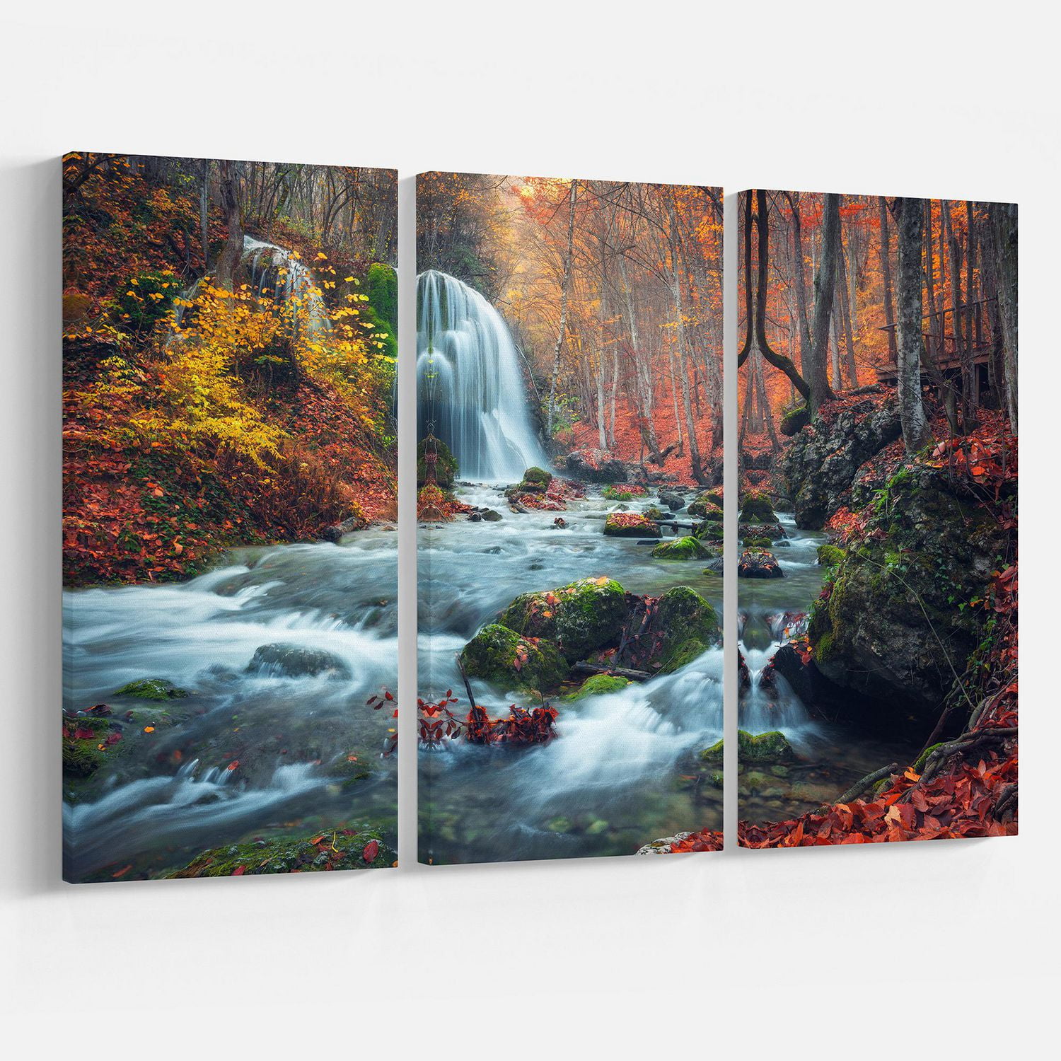 Designart Autumn Mountain Waterfall Long View Canvas Wall Art