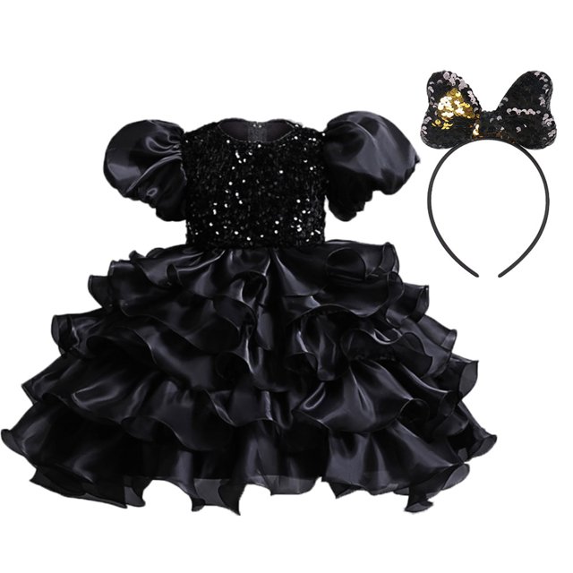 Robes de Princesse pour Fillettes Robe de Bal d'Anniversaire Manches Bouffantes Robe à Sequins en Tulle + Bandeau