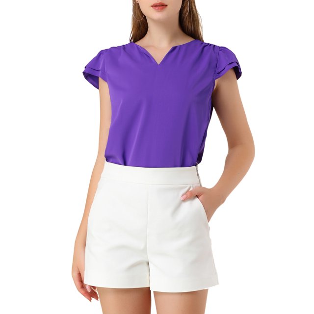 INSPIRE CHIC Women's Solid V Neck Cap Short Sleeves Work Blouse