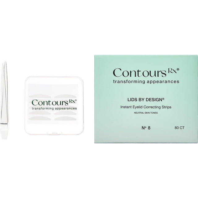 Lids By Design Cosmetic Eyelid Strips, 8mm, 80ct with Contours RX branding, packaging, and tweezers. These medical-grade, hypoallergenic strips provide an instant lift for deep hooded lids, offering invisible design and comfortable wear. Ideal for non-surgical eyelid correction.