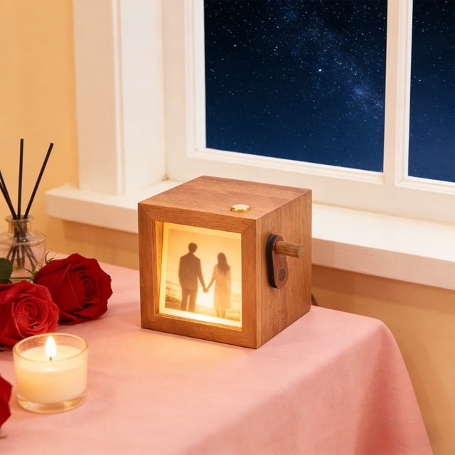 Wooden Hand-Cranked Photo Machine 1Pcs Hand Cranked Photo Album Wooden Box Custom Couple Wedding Gift with Glowing Pages and Brass Accents for Personalized Memory Display JASKFLY