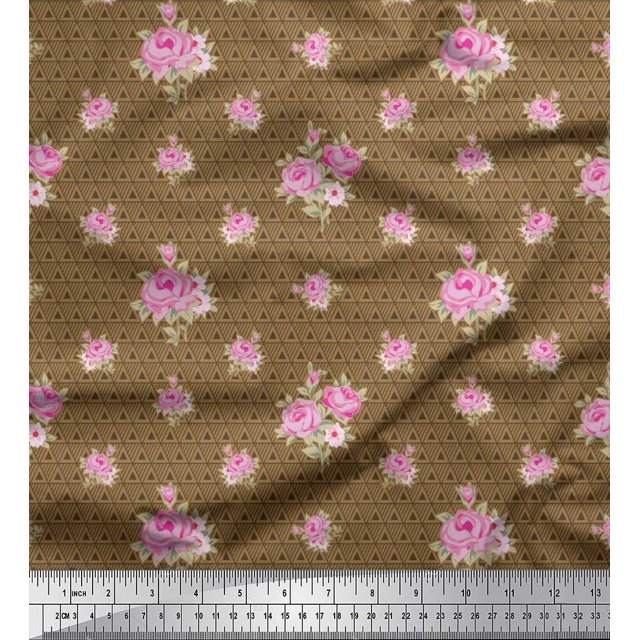 Soimoi Silk Fabric Triangle,Leaves & Rose Floral Print Fabric by Yard 42 Inch Wide