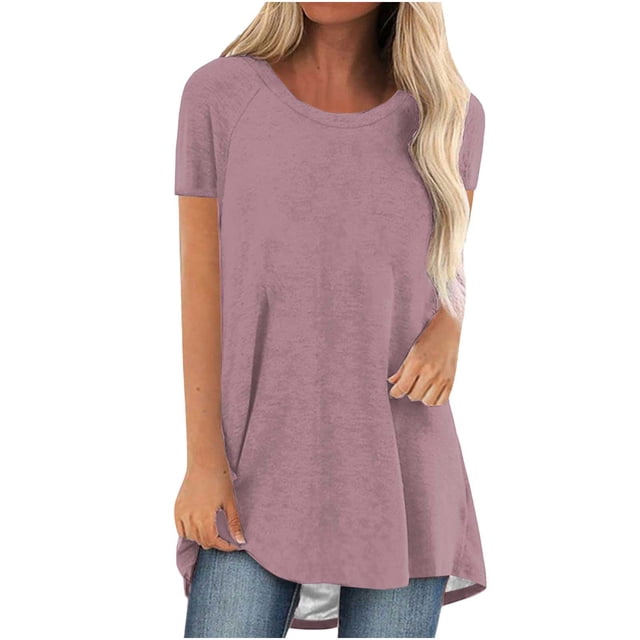 Timegard Hauts pour Femmes Col Rond Manches Courtes Tuniques pour Porter avec des Leggings Mi-Longs T-Shirts Confortables Été
