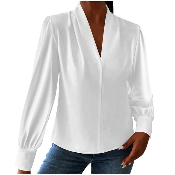 JGGSPWM Long Sleeve Blouses for Women, Solid Color Chiffon Soft Satin Silk Tops V Neck Loose Business Shirts Casual Work Tunic White S