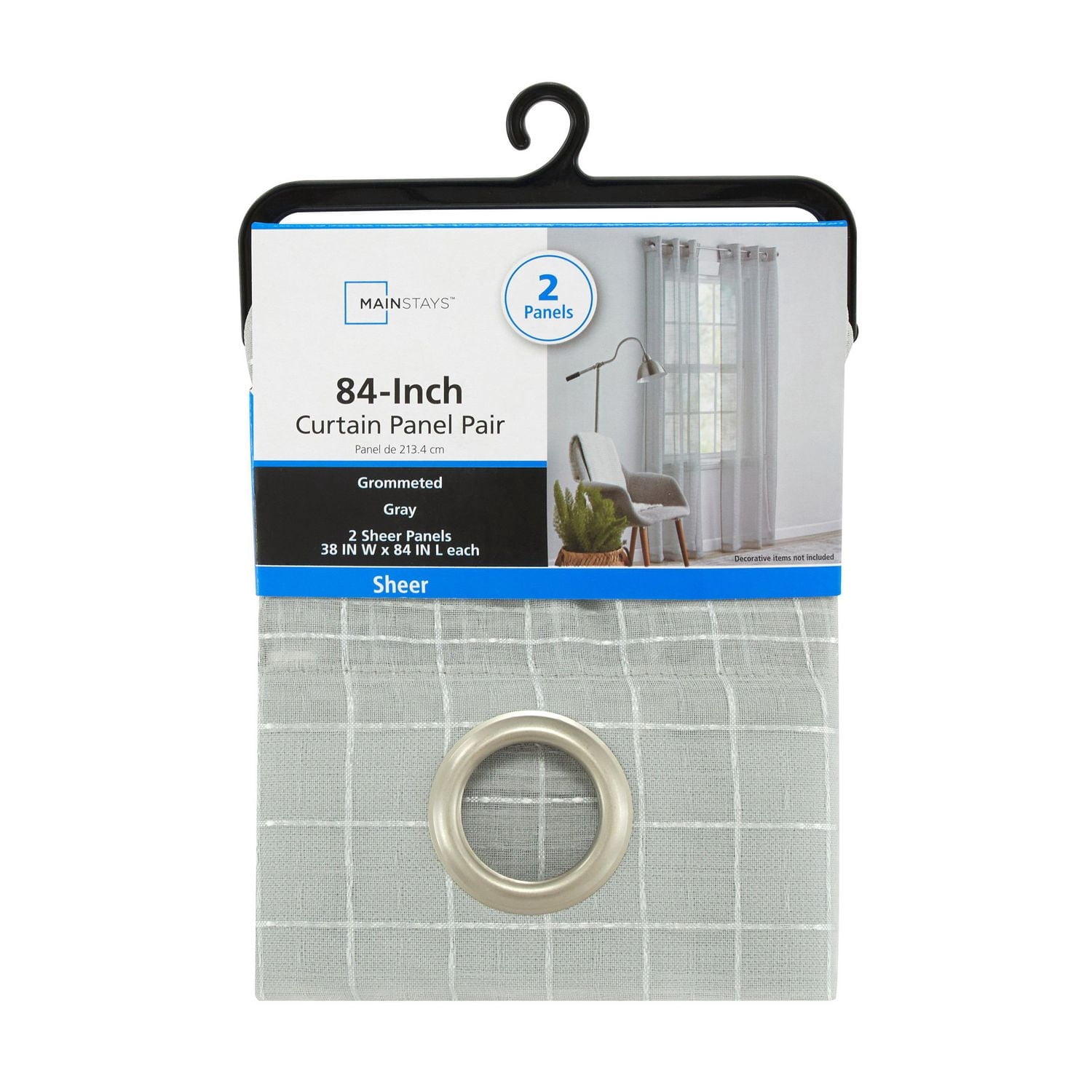 Ensemble de 2 panneaux de rideaux transparents Mainstays Windowpane, Blanc, 38" L x 84" H