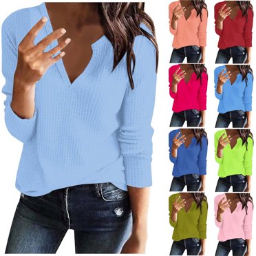 WRKEKC Women's Solid Color T-Shirt Long Sleeve Classic Fit Basic Top Stretch Comfort Daily Wear