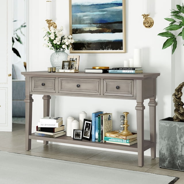 Table Console de Style Rétro Classique avec Trois Tiroirs Supérieurs et Tablette Inférieure Ouverte pour Entrée, Couloir et Salon