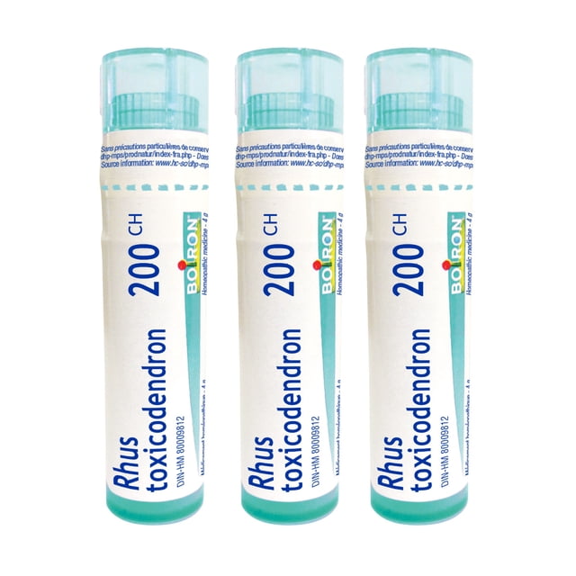 Boiron Rhus Toxicodendron – Homeopathic Medicine, Box of 3 Tubes (4g Each, Approx. 80 Pellets per Tube). The image shows three cylindrical tubes with teal caps and white labels featuring the product name 'Rhus toxicodendron 200 CH' and the Boiron logo. Designed for natural health support, these unflavored pellets dissolve quickly in the mouth and are suitable for the whole family, including adults and children.
