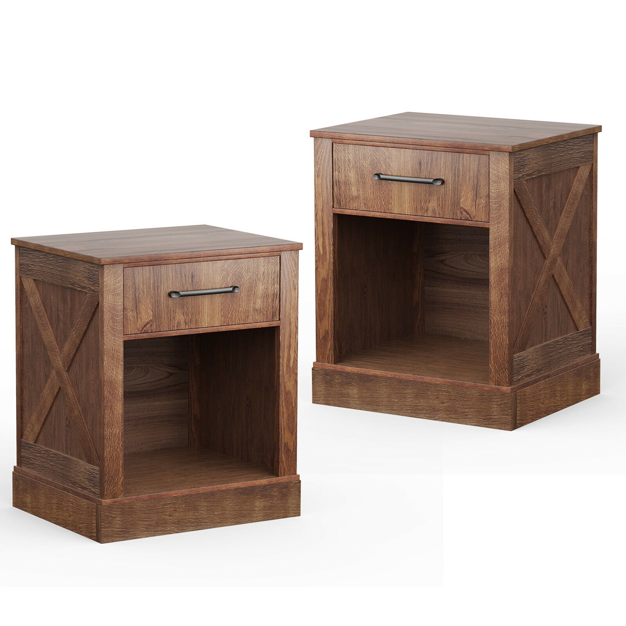 Gymax Table de Chevet 2 Pcs avec Tiroir et Tablette Table de Chevet Rustique en Bois Chambre Brun
