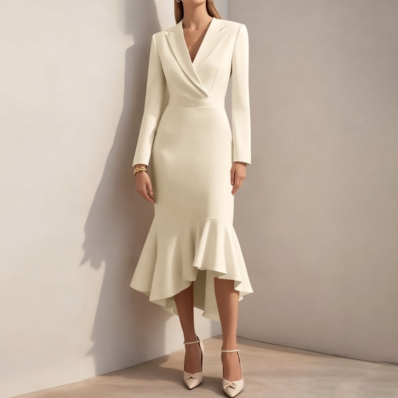 Business Dress for Women's Long Sleeve Blazer V Neck Formal Pencil Dress Ruffle Mermaid Bodycon Work Office Dresses Beige M