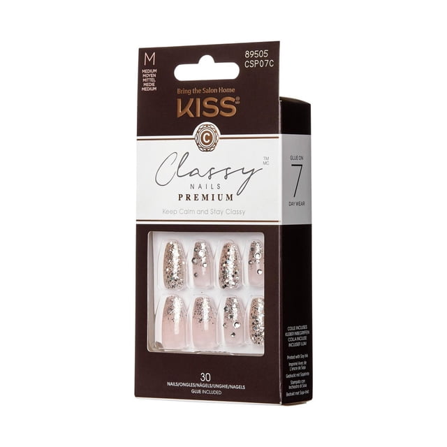 KISS Premium Chic - Faux Ongles, 30 Unités, Faux Ongles X Longs en Forme de Cercueil avec design de Manucure Française Moderne, Ornés de Paillettes Argentées et d'Accentures 3D en Strass, Inclut de la Colle pour une application Facile et jusqu'à 7 Jours de Port, Idéal pour le Soin des Ongles Bricolage à la Maison.