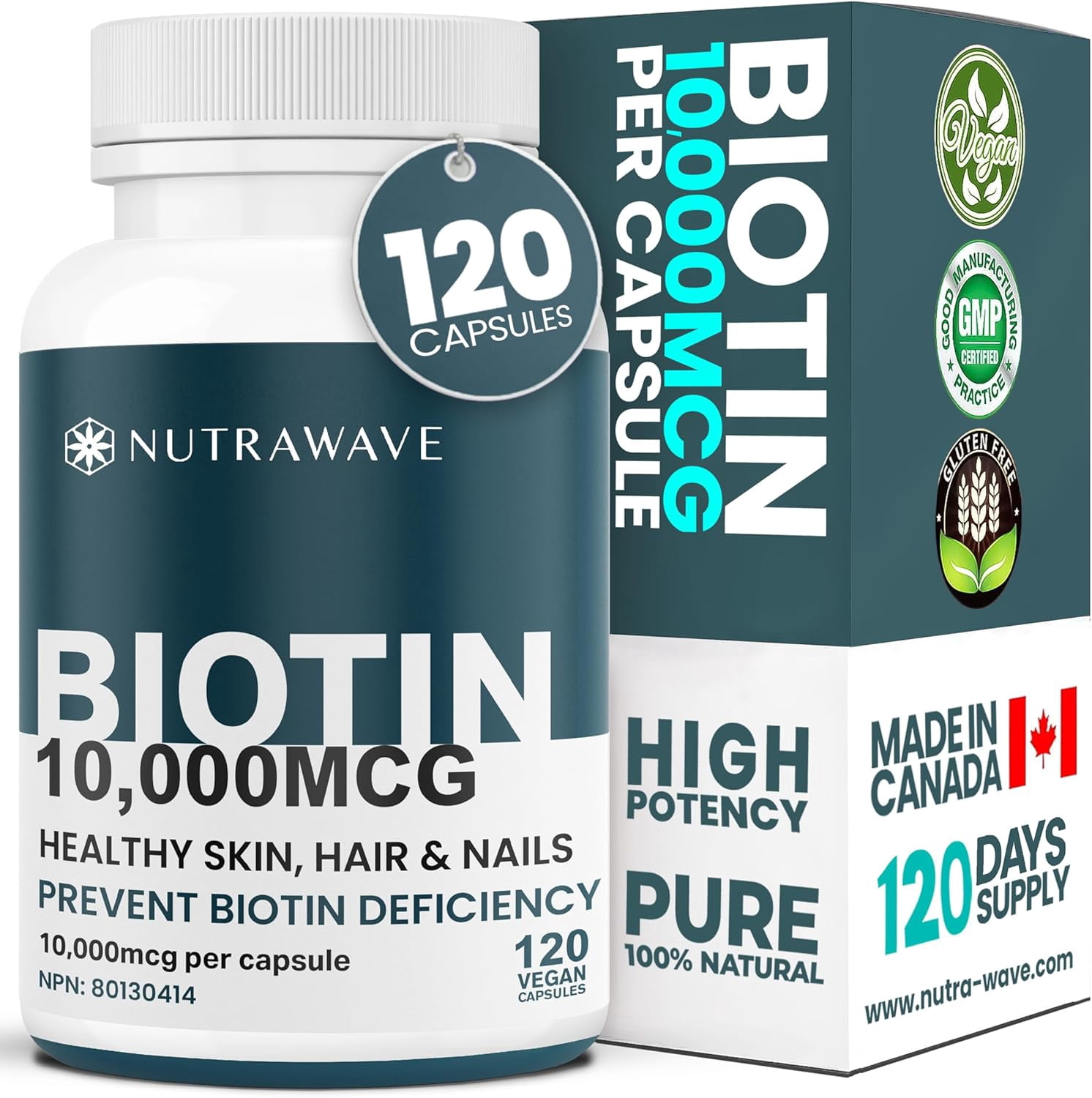 Nutrawave Biotin Supplement (Vitamin B7) 10,000 mcg, Hair, Skin & Nail Health Support, 120 Vegan Non-GMO Capsules