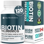 Nutrawave Biotin Supplément (vitamine) B7) 10,000 mcg, cheveux, peau & Soutien à la santé des ongles, 120 Gélules non OGM véganes