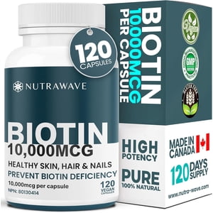 Nutrawave Biotin Supplement (Vitamin B7) 10,000 mcg, Hair, Skin & Nail Health Support, 120 Vegan Non-GMO Capsules