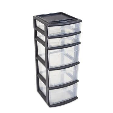HOMZ 05565BKDC.02 Plastic 5 Drawer Medium Storage Tower, Black Frame, Clear Drawers, Set of 2