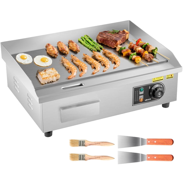 VEVOR Commercial Electric Griddle, 21.06 x 11.81 inch, 3200W, 122-570°F Adjustable Temp Control, Stainless Steel Body, with 2 Spatulas, 2 Brushes, and 4 Foot Pads