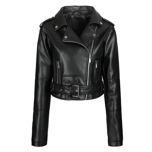 Yuyuzo Veste Courte en Cuir pour Femmes à Fermeture Éclair Vestes Asymétriques Col à Revers Manteau Ceinturé