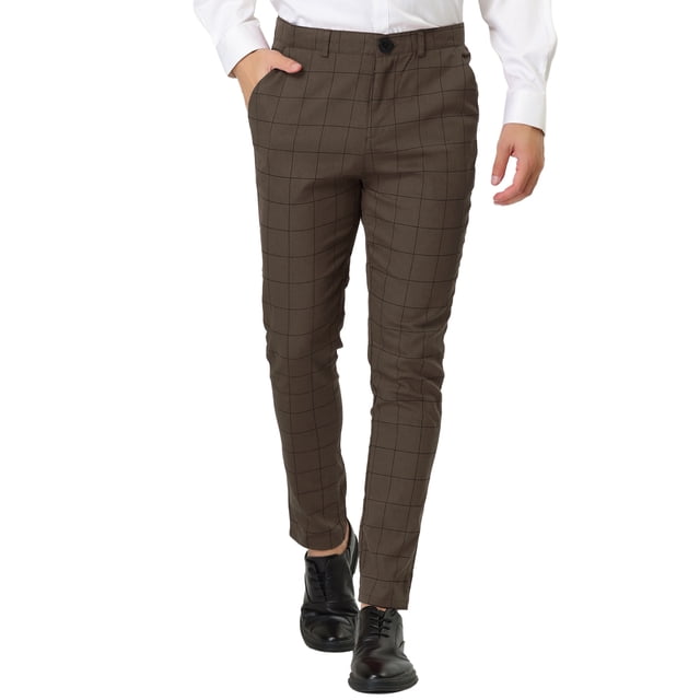 INSPIRE CHIC Men's Plaid Dress Slim Fit Checked Business Pants with Pockets 32 Brown