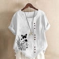 thumbnail image 2 of Pisexur Hauts pour Femmes Décontractés en Lin Col Rond Grande Taille Imprimé Manches Courtes T-shirt Blouse, Hauts d'Été pour Femmes Blanc, TG, 2 of 4