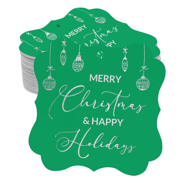 Inkdotpot Pack Of 100 Real Silver Foil Bracket Shape Paper Tags Merry Christmas & Happy Text Favor Hang Tags