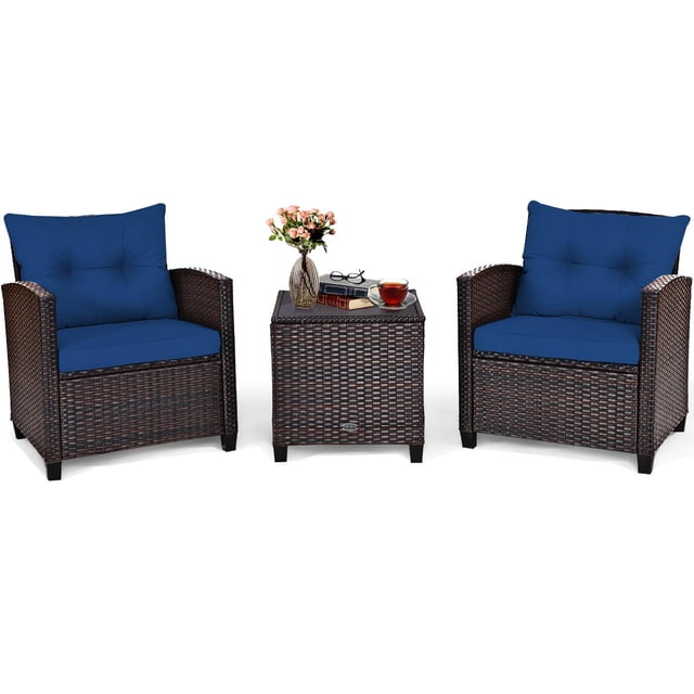 Giantex 3 Pieces Patio Furniture Set, a stylish outdoor patio conversation set with two navy-cushioned rattan chairs and a tempered glass-top coffee table. Made with durable PE rattan and a sturdy steel frame, this set is ideal for gardens, balconies, and poolside areas. The chairs feature removable and washable cushions for comfort, while the table offers a stable surface for drinks, snacks, or decor.